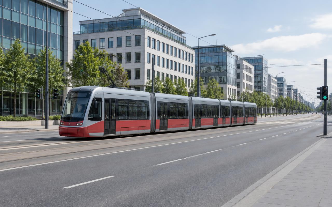 Tram on a European city street